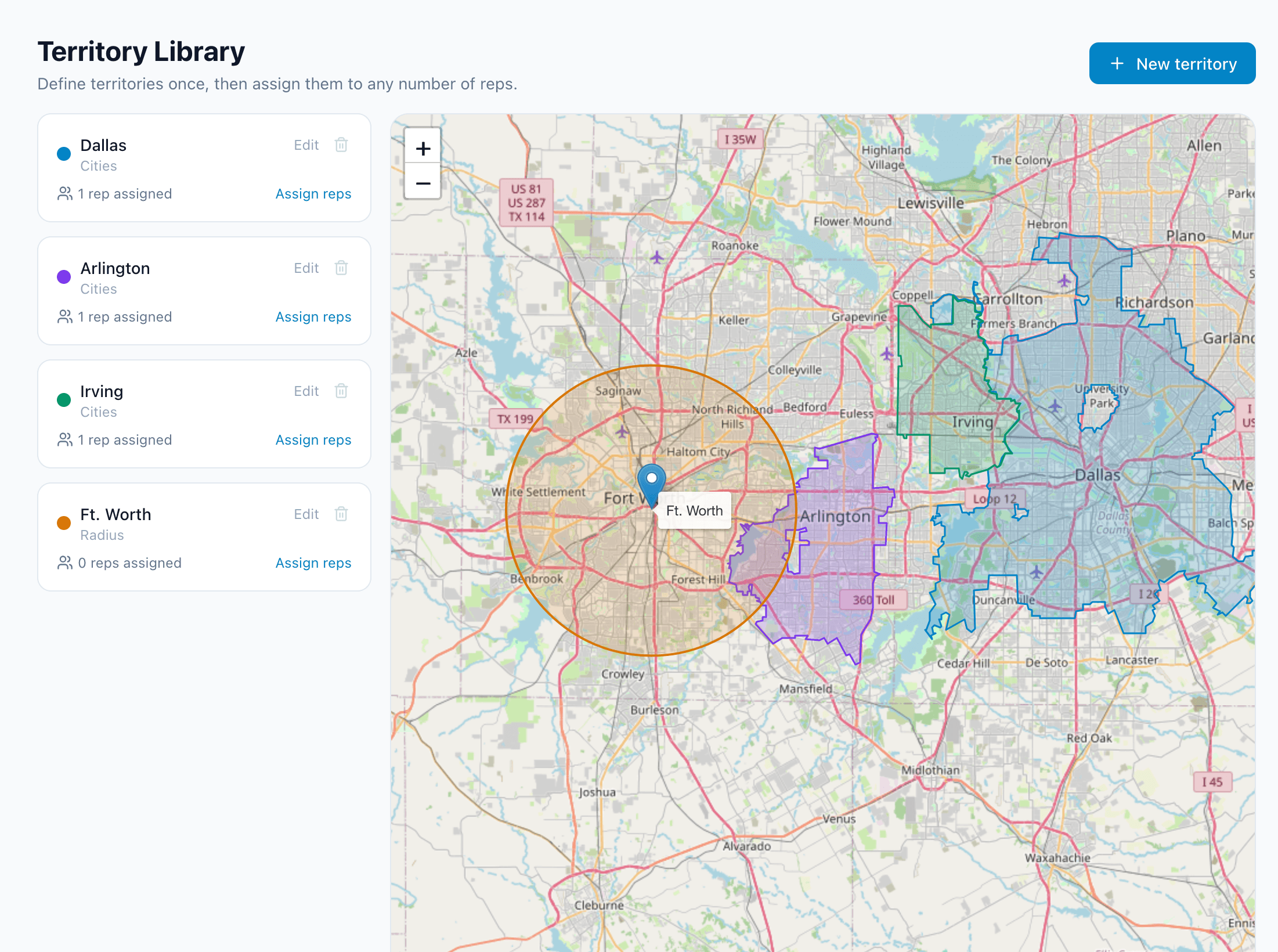 Cartoply territory scheduling software — map showing Dallas, Arlington, Irving, and Ft. Worth service territories