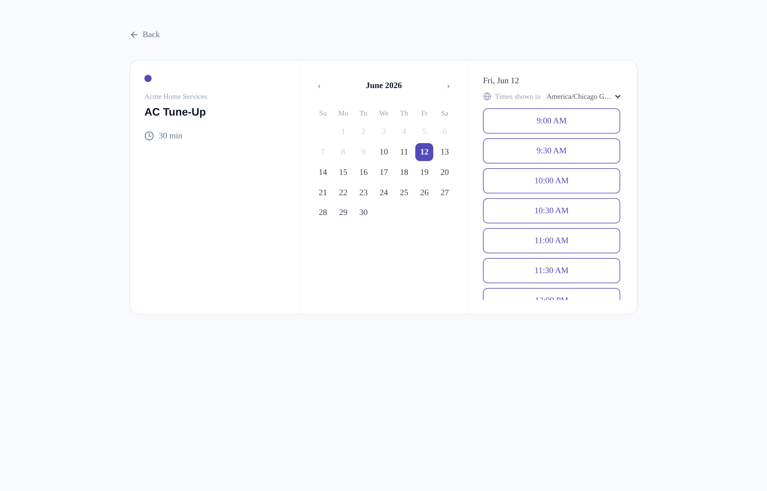 The Cartoply booking page showing event details, a date-picker calendar, available time slots, and a timezone selector