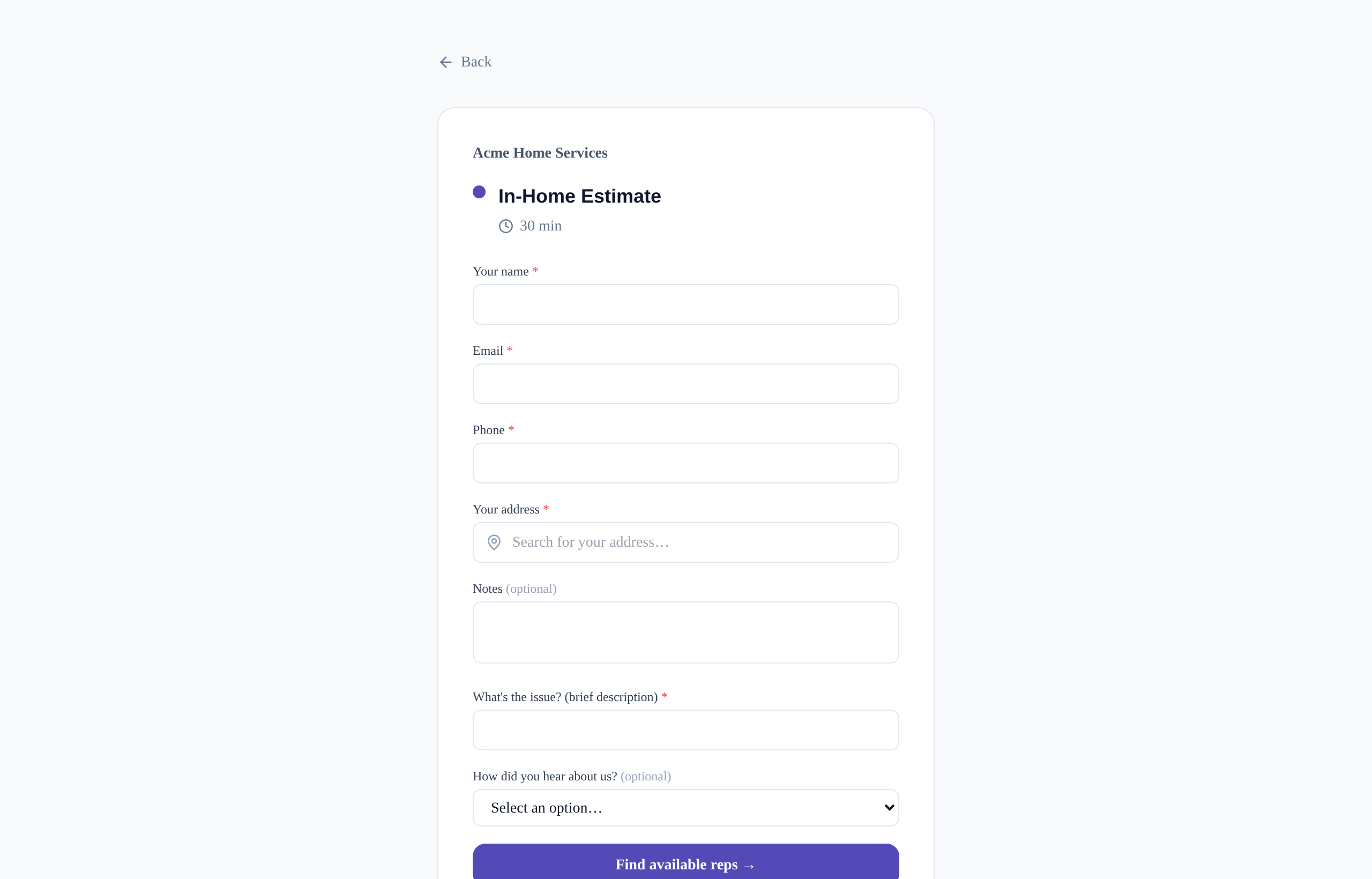 A public booking form showing required name, email, and phone fields plus two custom booking questions