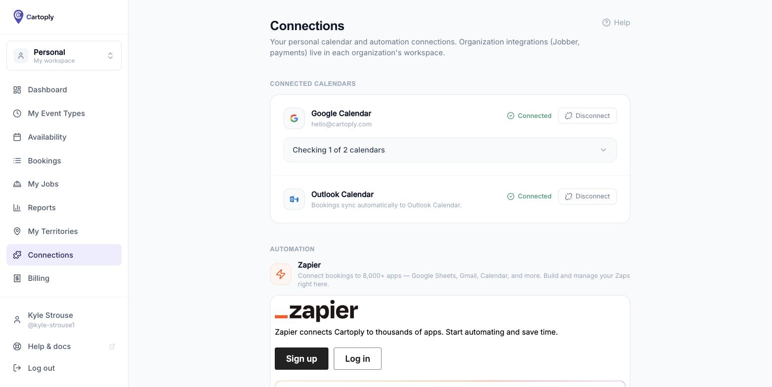 The Connections page in the personal workspace showing connected Google and Outlook calendars with a sub-calendar picker, and the Zapier embed below