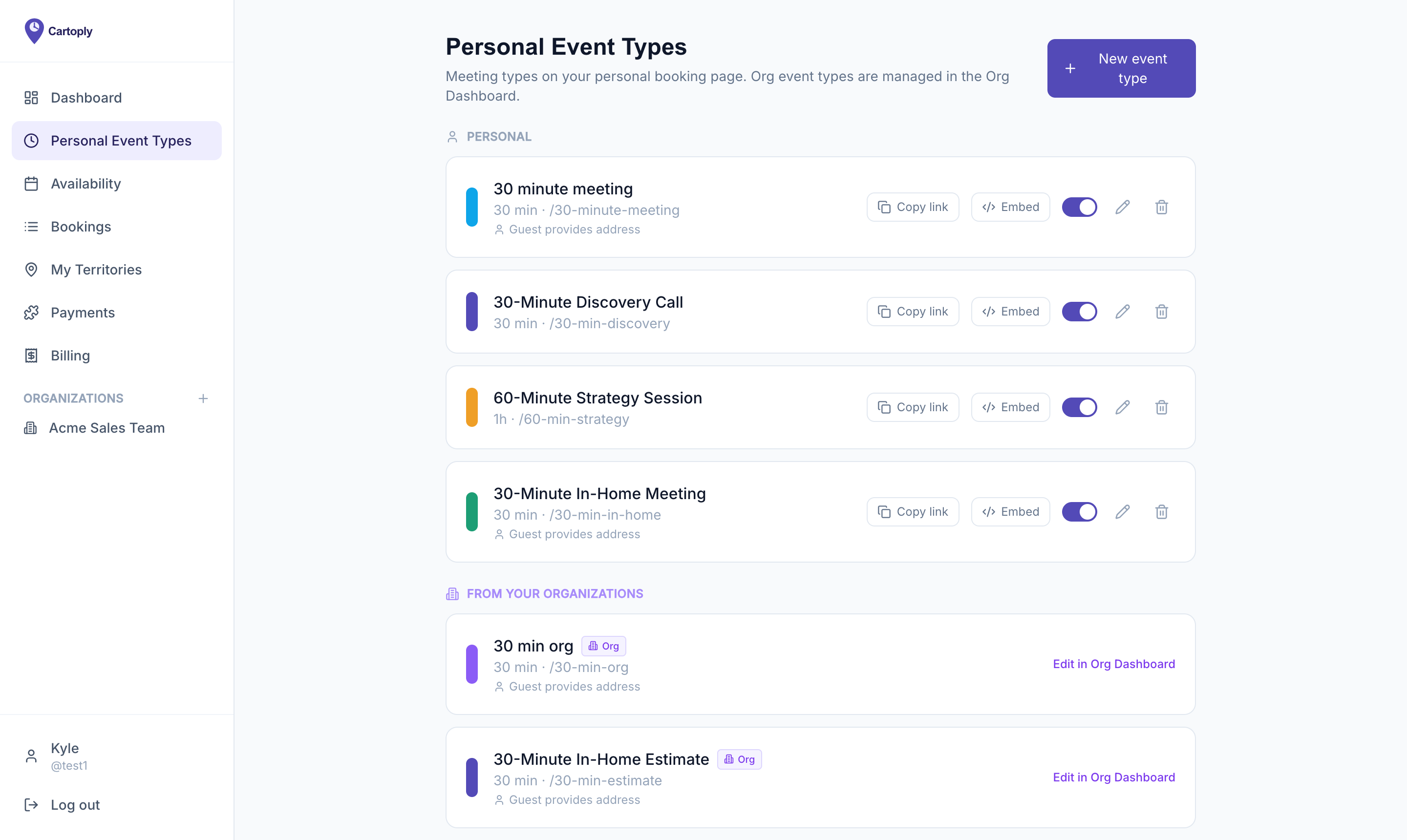 Personal Event Types page showing a list of event type cards with toggle switches and copy link buttons