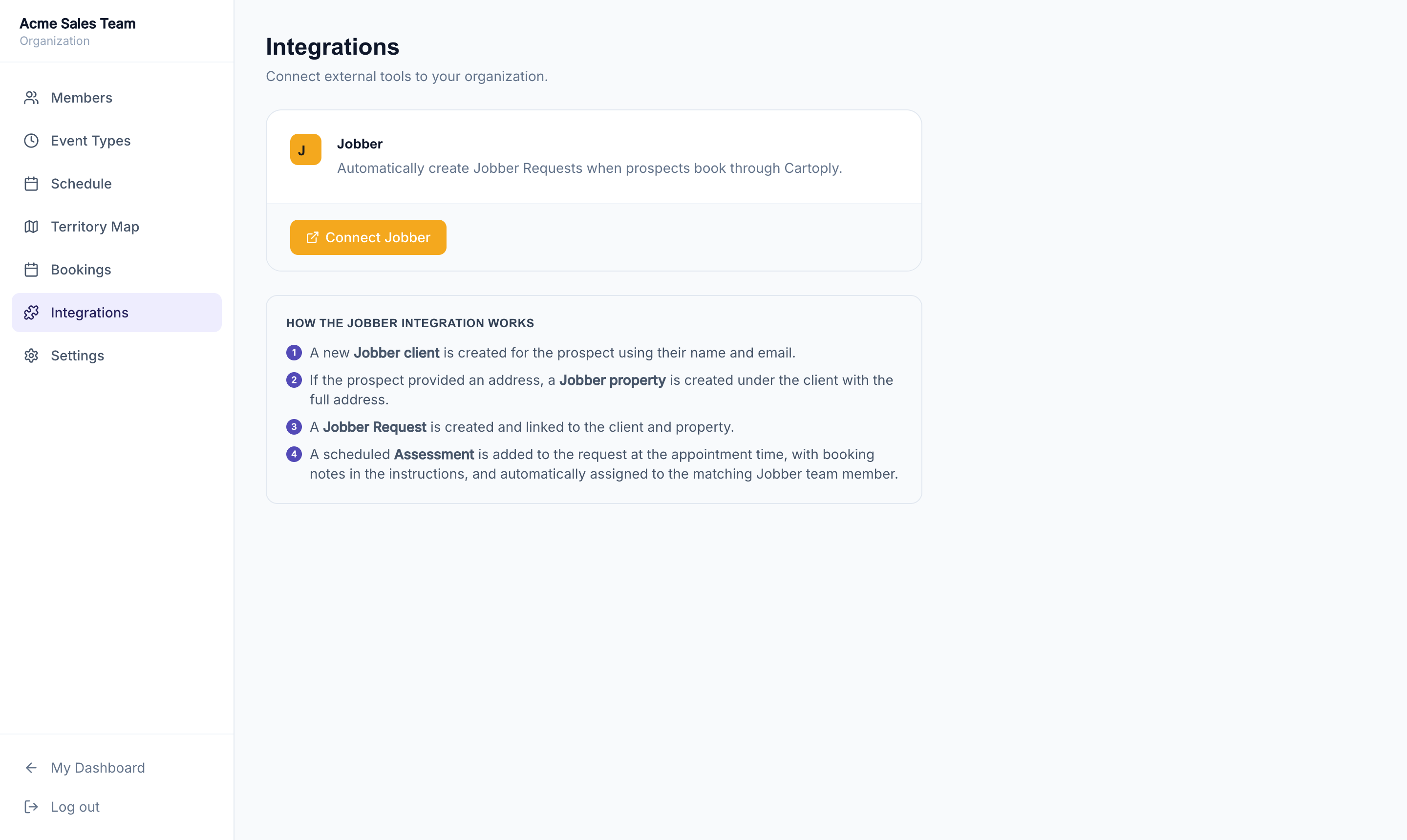 Integrations page showing the Jobber card with Connect Jobber button