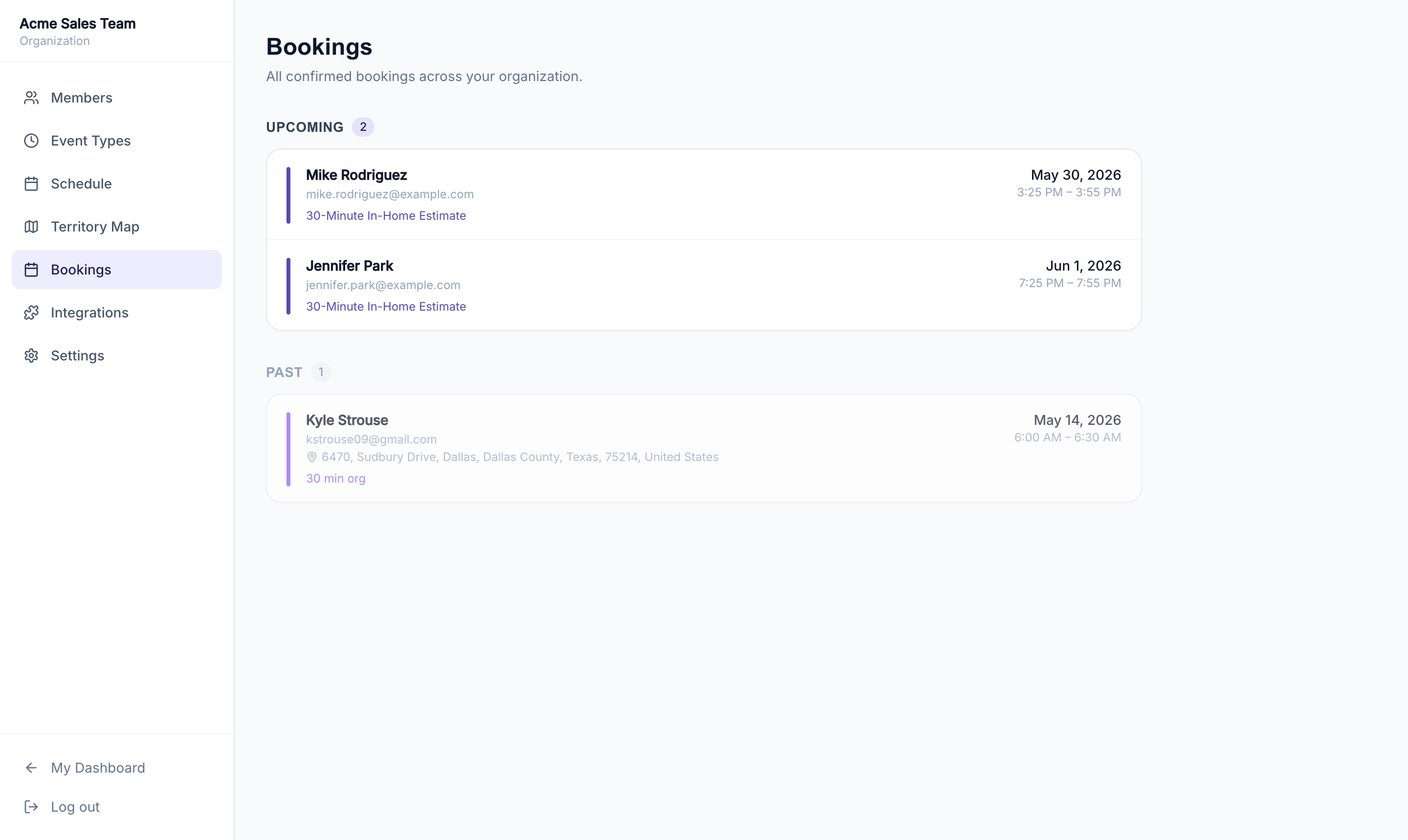 Org Bookings page showing upcoming and past bookings with invitee name, email, event type, and date/time