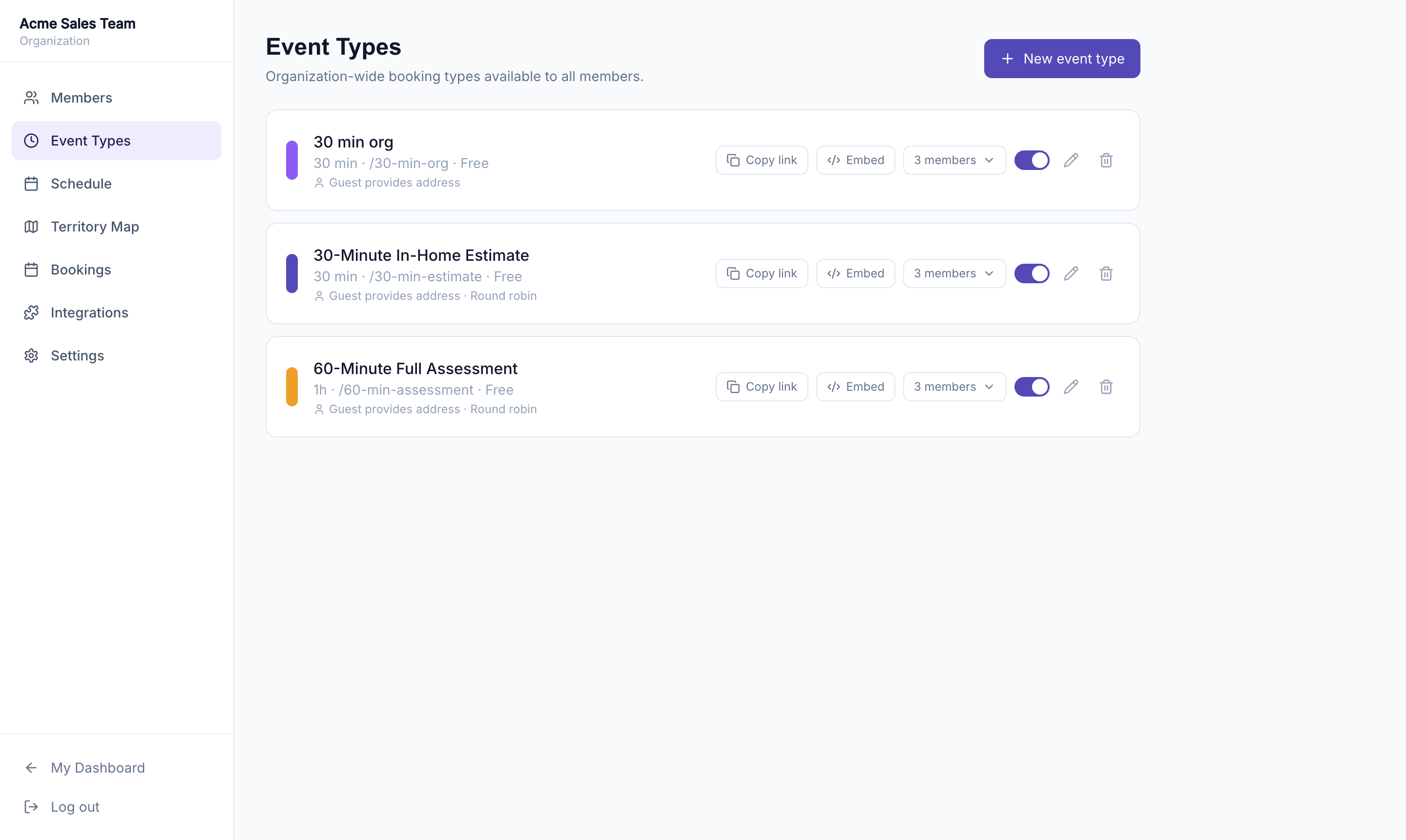Org Event Types page showing event type cards with Copy link, Embed, member count, and toggle controls
