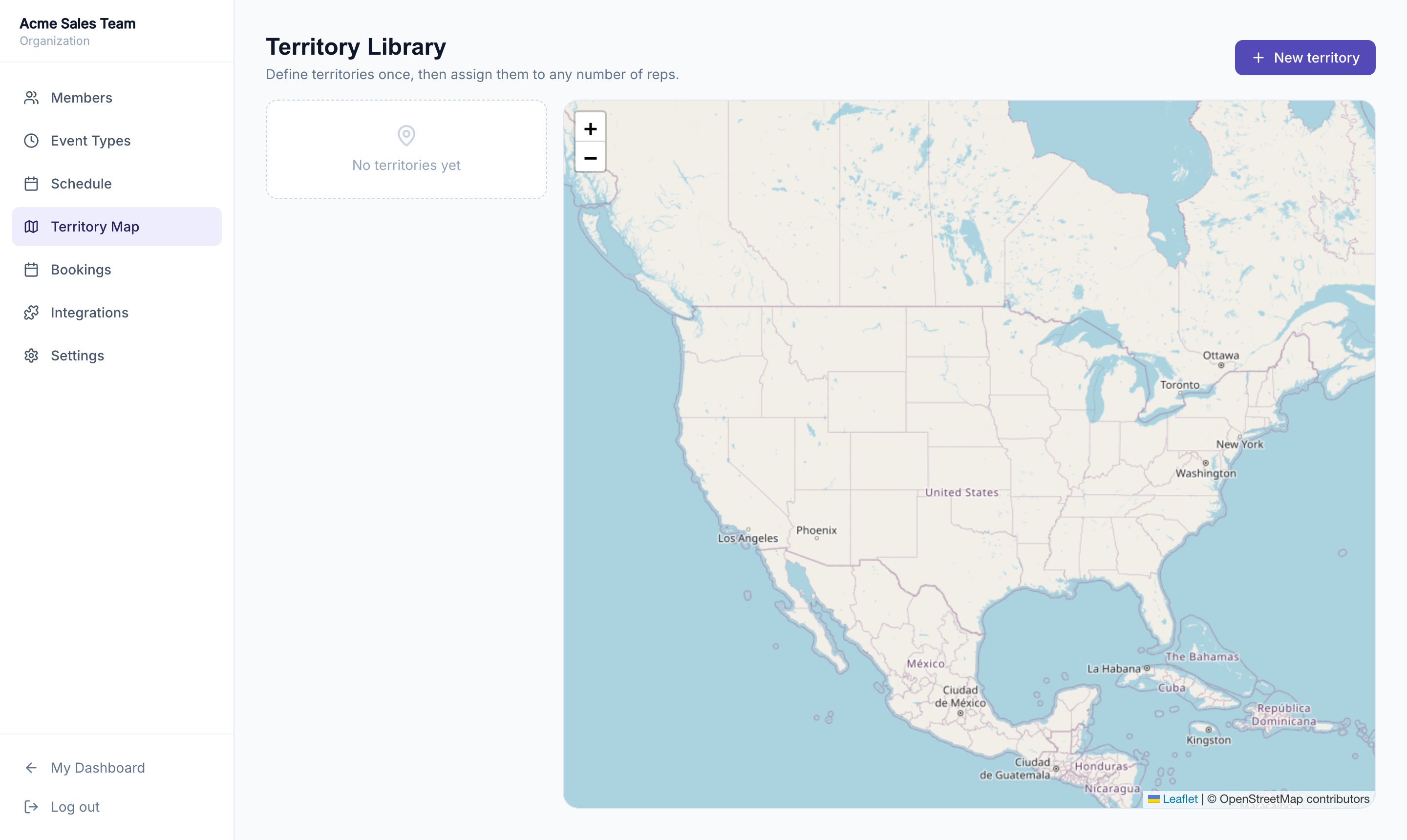 Territory Map page showing the org sidebar and a full-width map of North America
