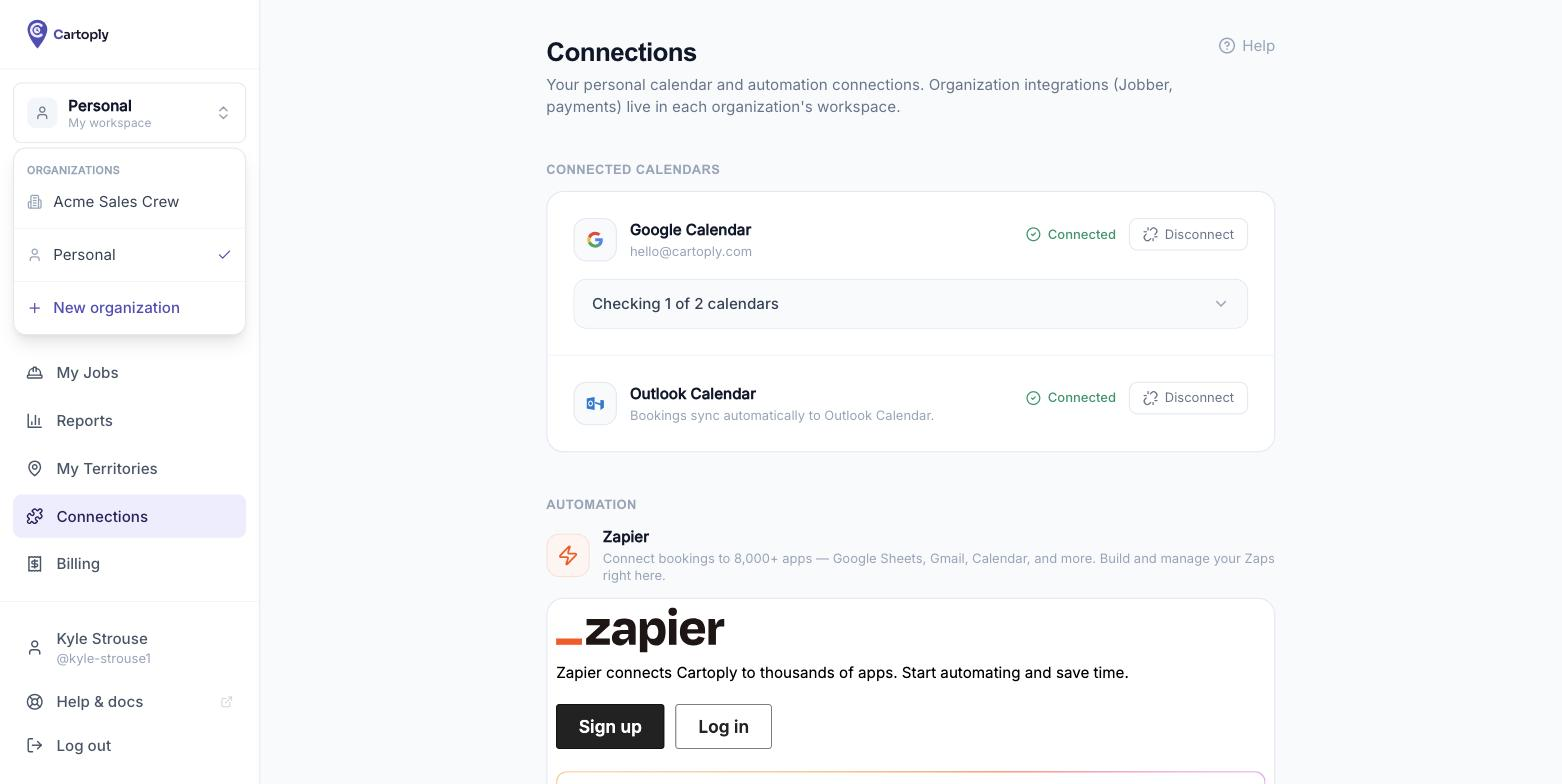 The workspace switcher open at the top of the sidebar, listing an organization, the Personal workspace with a checkmark, and a New organization button